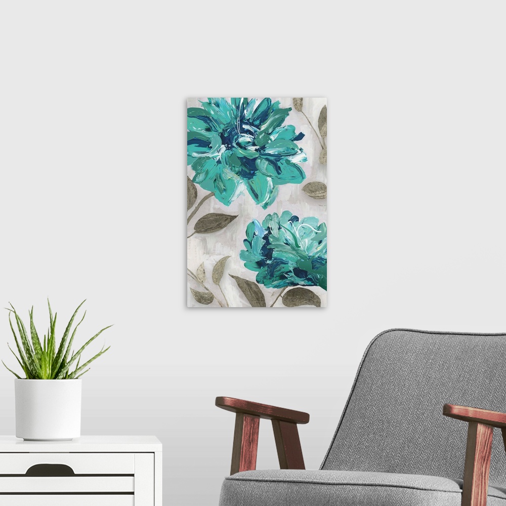 A modern room featuring Contemporary artwork of teal flowers in full bloom.