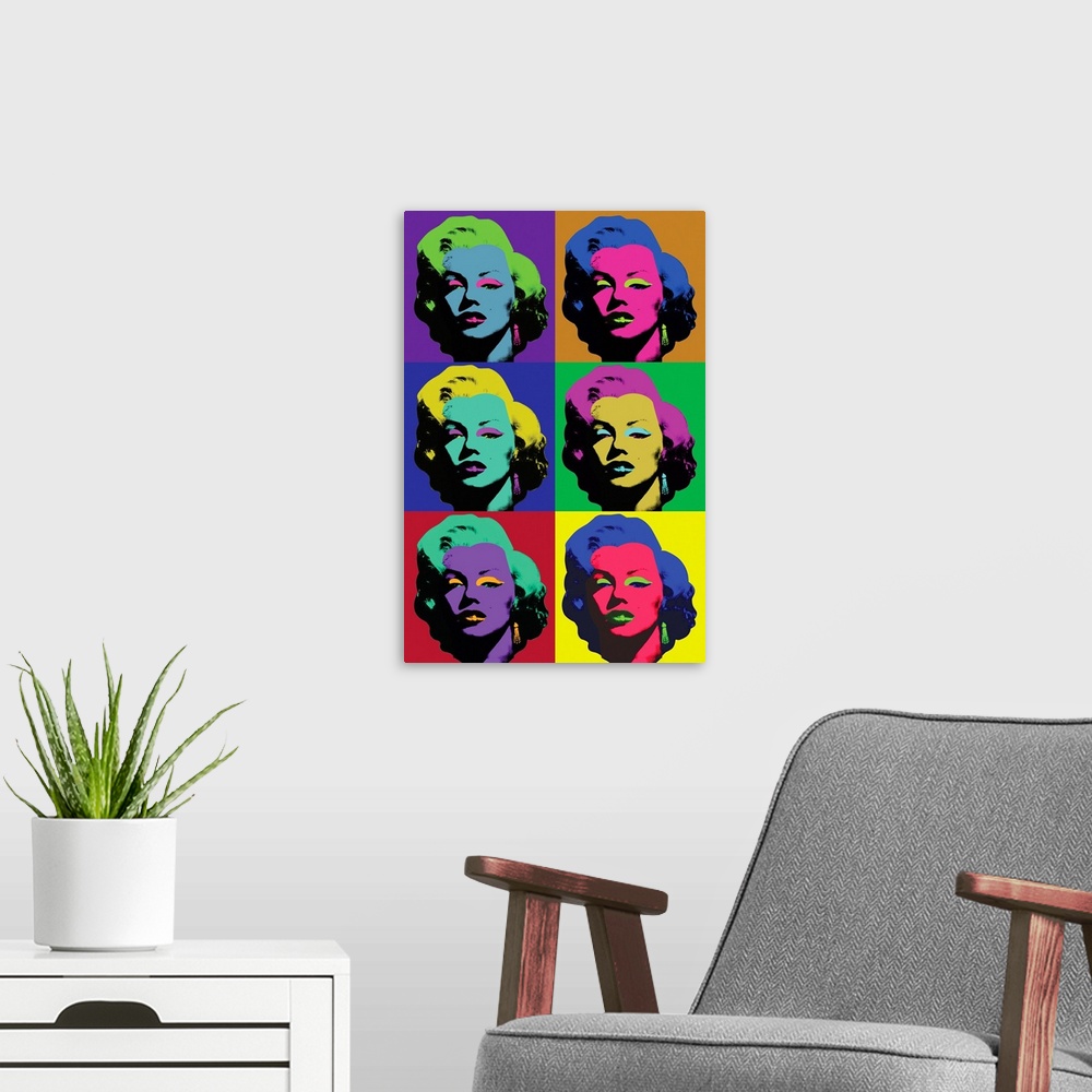 A modern room featuring Pop art style squares of Marilyn Monroe stacked together vertically in various vibrant hues.