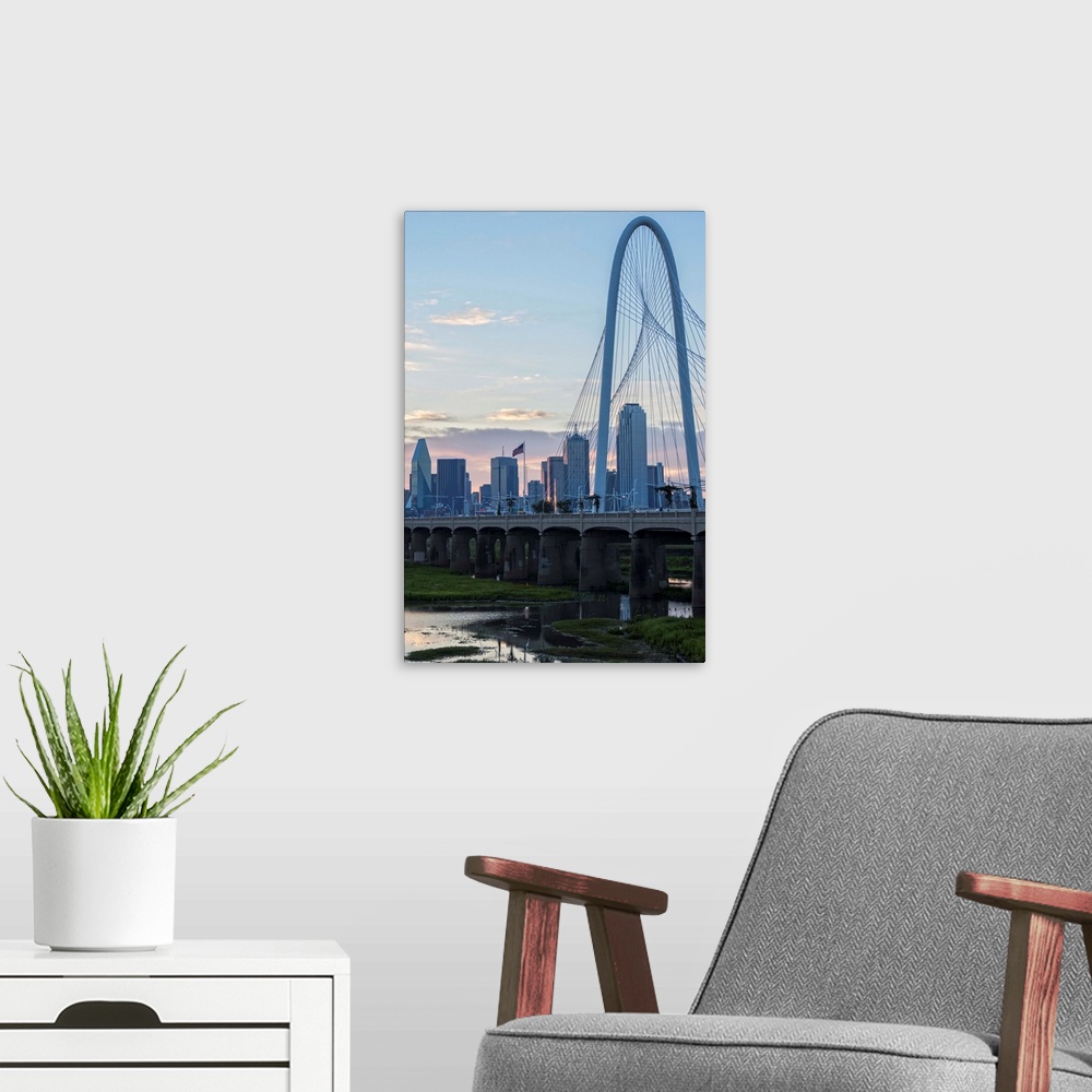 A modern room featuring The Margaret Hunt Hill Bridge spans the Trinity River in Dallas, Texas.
