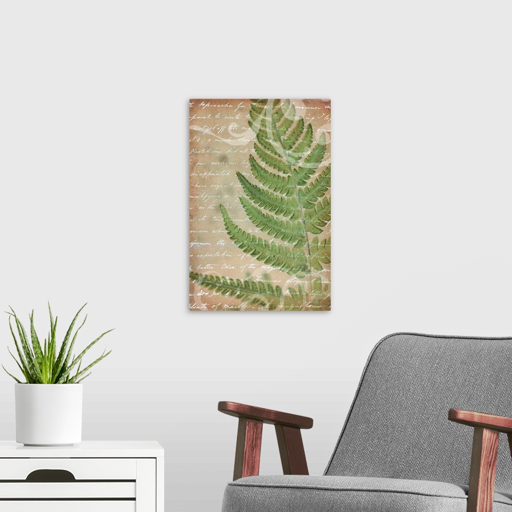 A modern room featuring Vintage style artwork of a fern frond  with white handwritten text.