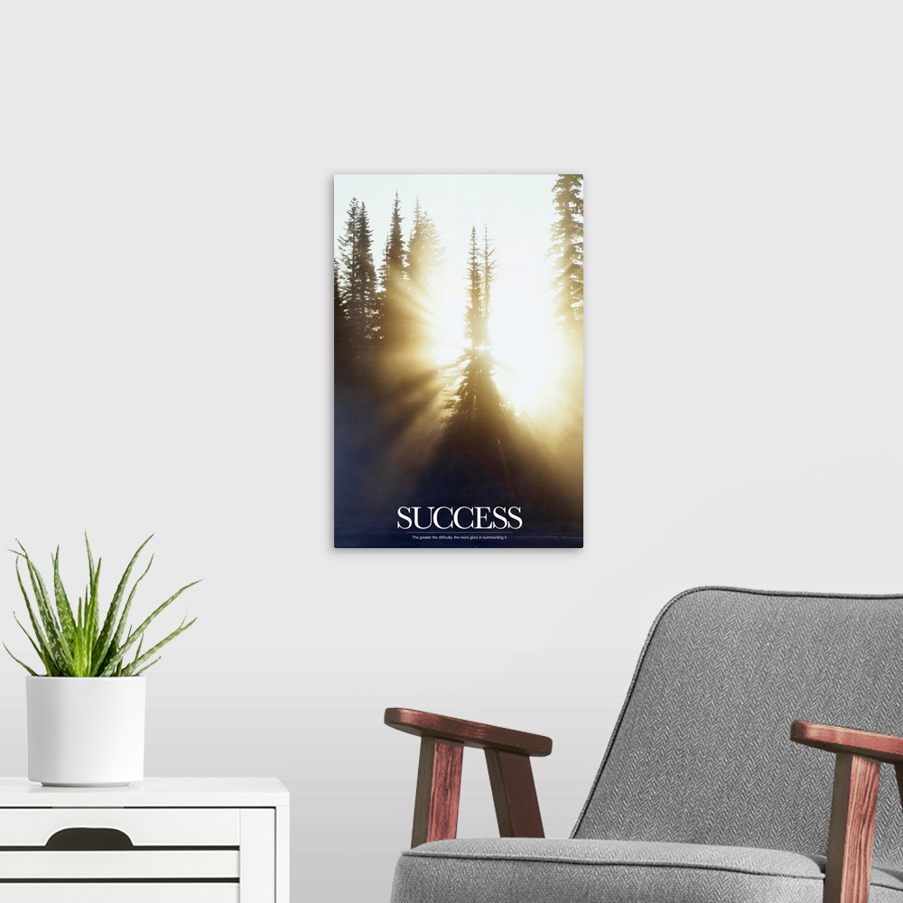 A modern room featuring This inspirational poster shows the sun shining through a forest of pine trees with the word "Suc...