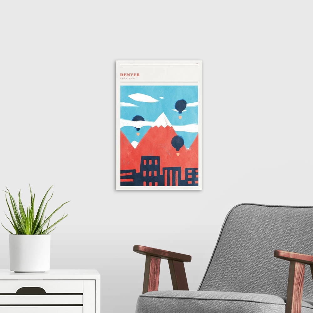 A modern room featuring Vertical modern illustration of the city of Denver with the Rocky Mountains and hot air balloons ...