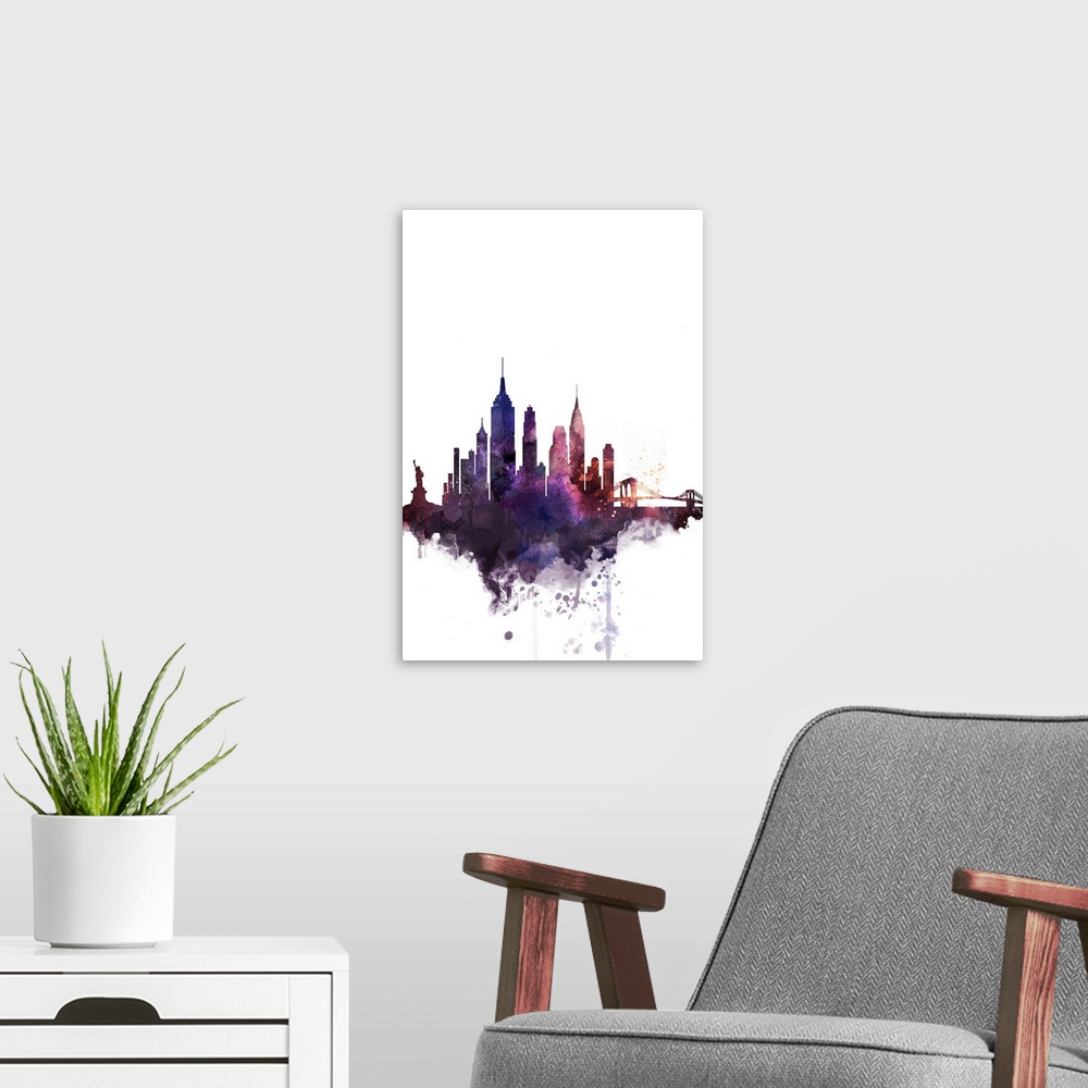A modern room featuring The New York City skyline in colorful watercolor splashes.