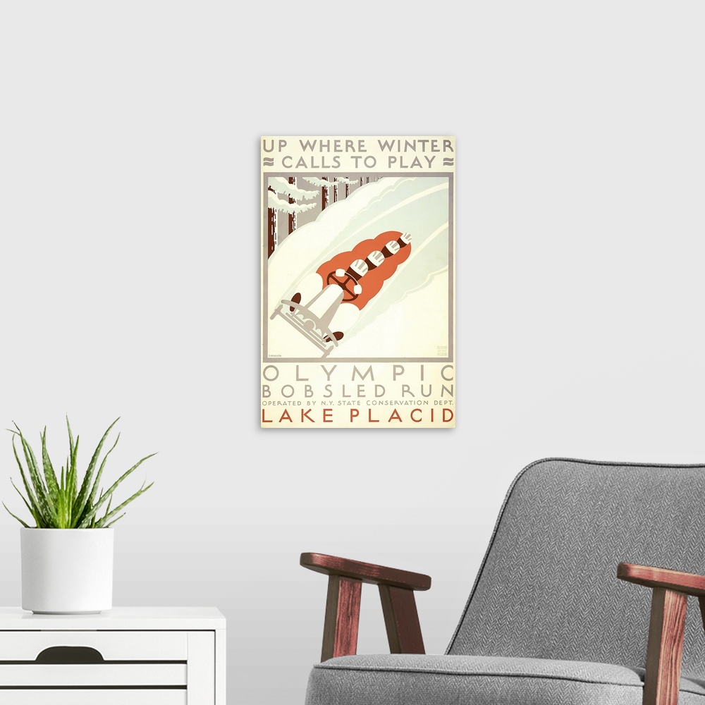 A modern room featuring Up where winter calls to play. Olympic bobsled run, Lake Placid. Poster promoting winter sports, ...