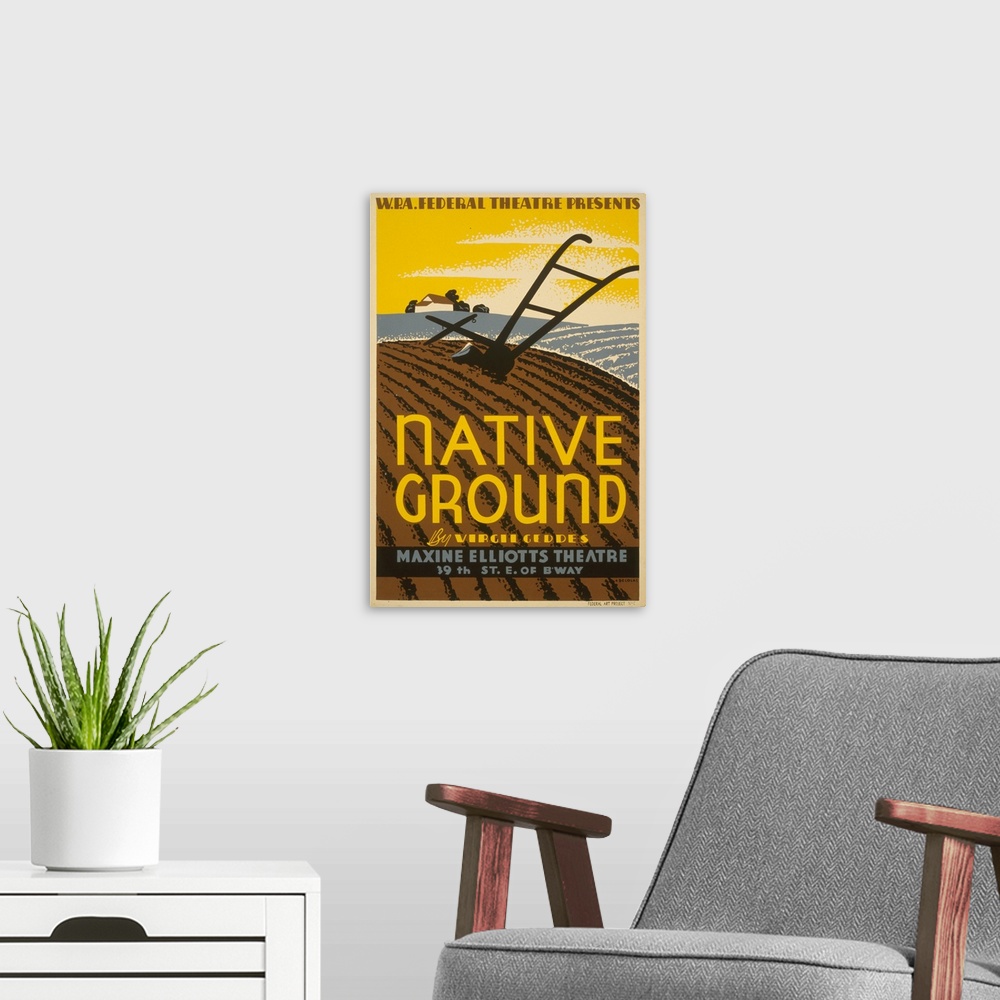 A modern room featuring Artwork for Federal Theatre Project presentation of Native Ground at Maxine Elliotts Theatre, 39t...