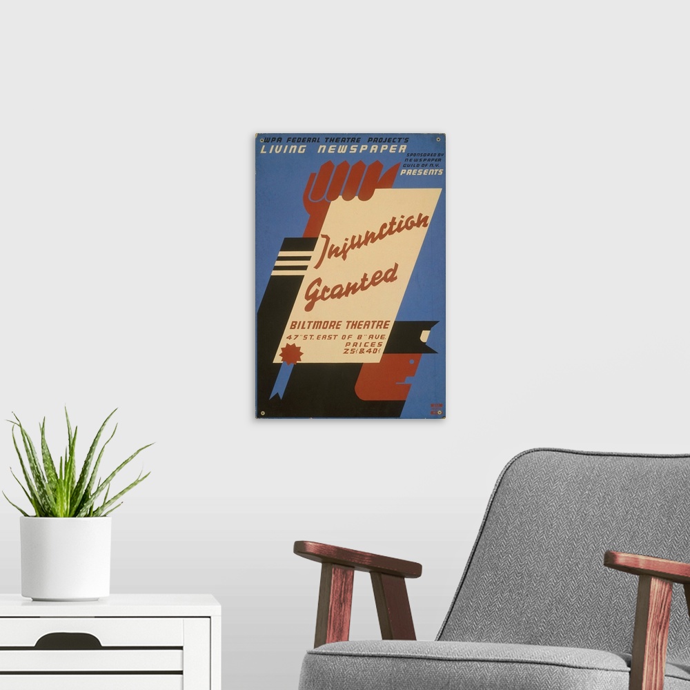 A modern room featuring Artwork for Federal Theatre Project's Living Newspaper presentation of Injunction Granted at the ...