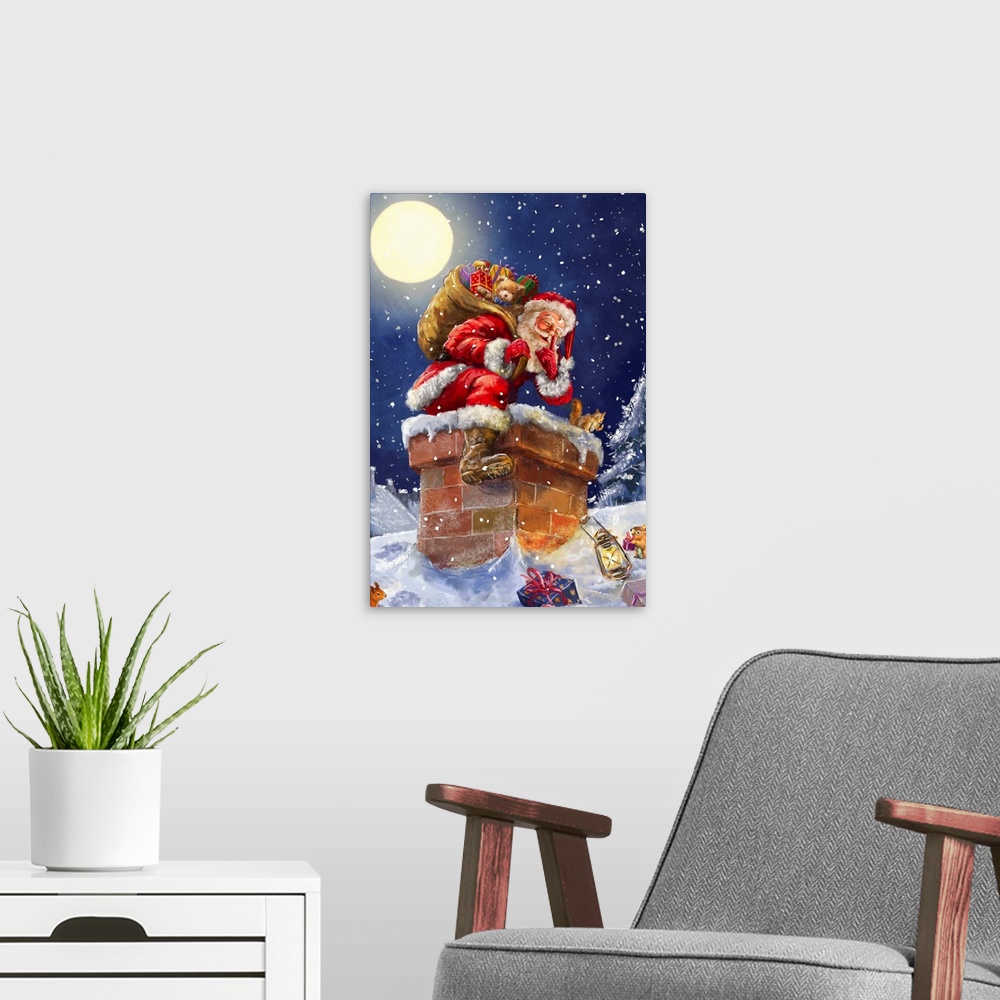 A modern room featuring Contemporary painting of Santa getting ready to go down a chimney with a full moon in the sky.