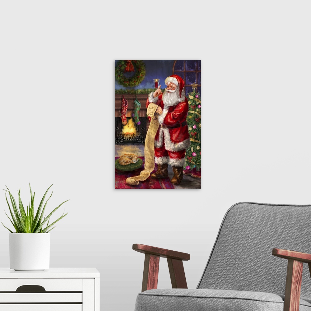 A modern room featuring A traditional painting of Santa checking his list at a Christmas tree in front of a fireplace.