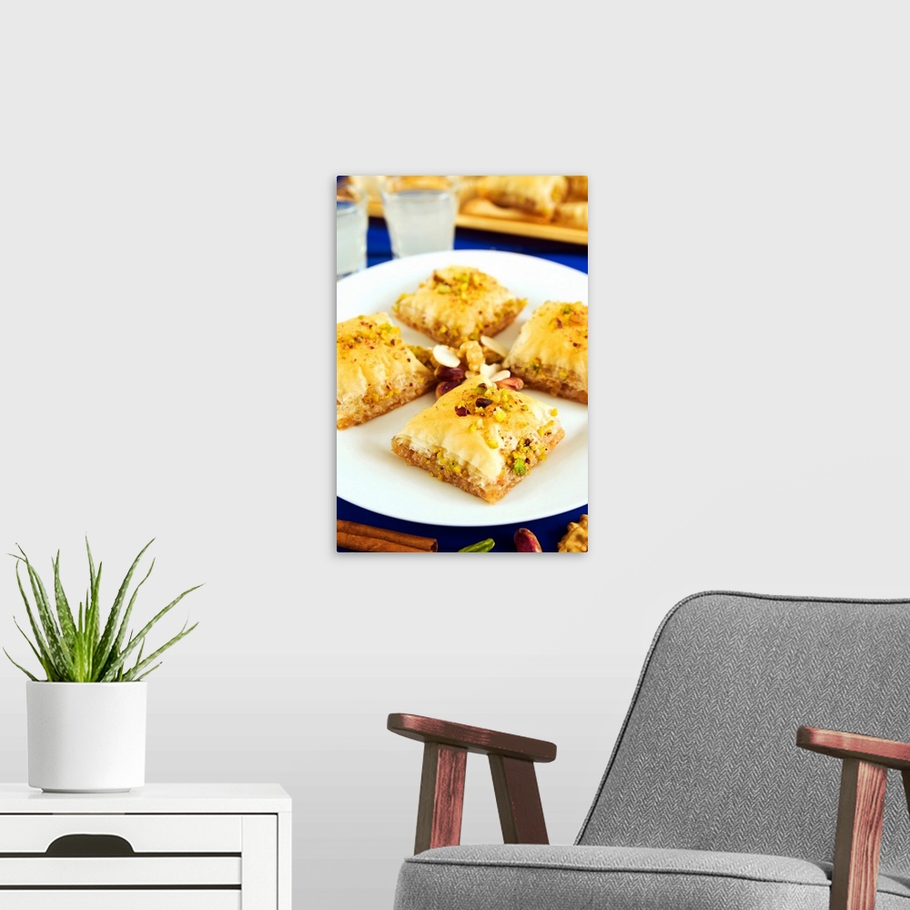 A modern room featuring Baklava, filo pastry with honey and pistachios, Greece, Europe