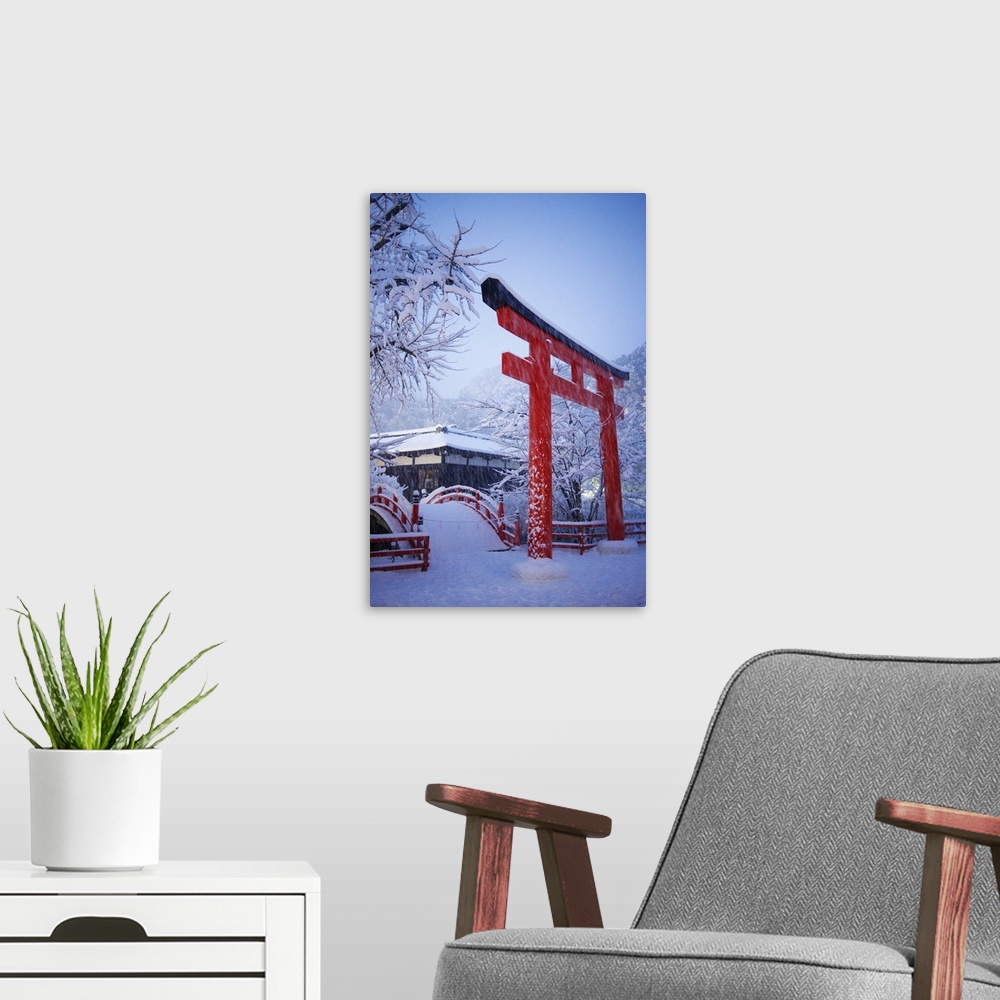 A modern room featuring Blue hour in Shimogamo Shrine, during the largest snowfall on Kyoto in the last 50 years, Kyoto, ...