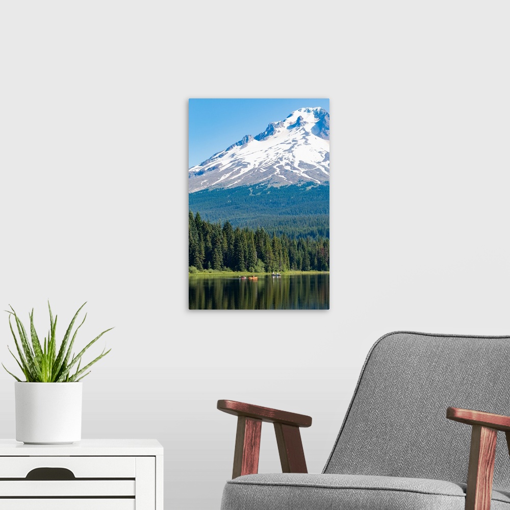 A modern room featuring Canoes and rowboat on Trillium Lake with Mount Hood, Cascade Range, Oregon