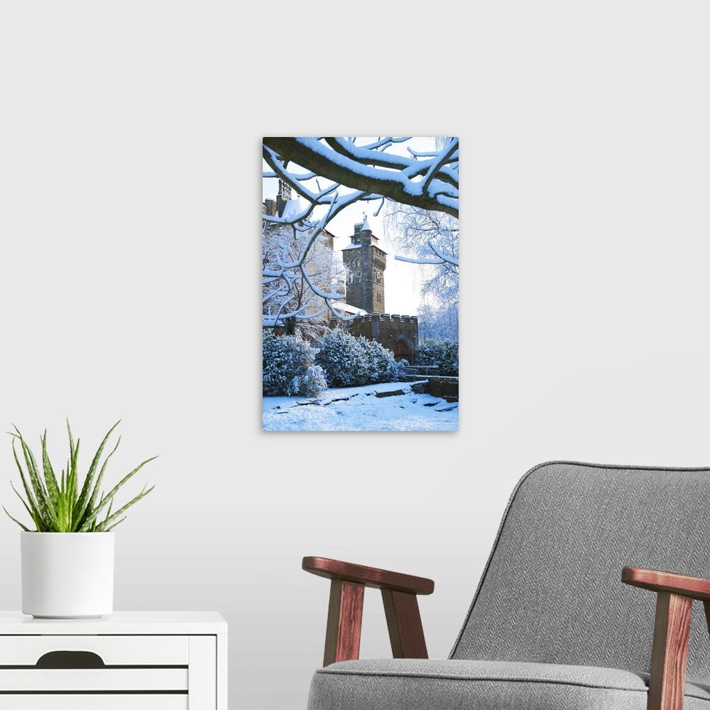 A modern room featuring Cardiff Castle, Bute Park in snow, Cardiff, Wales