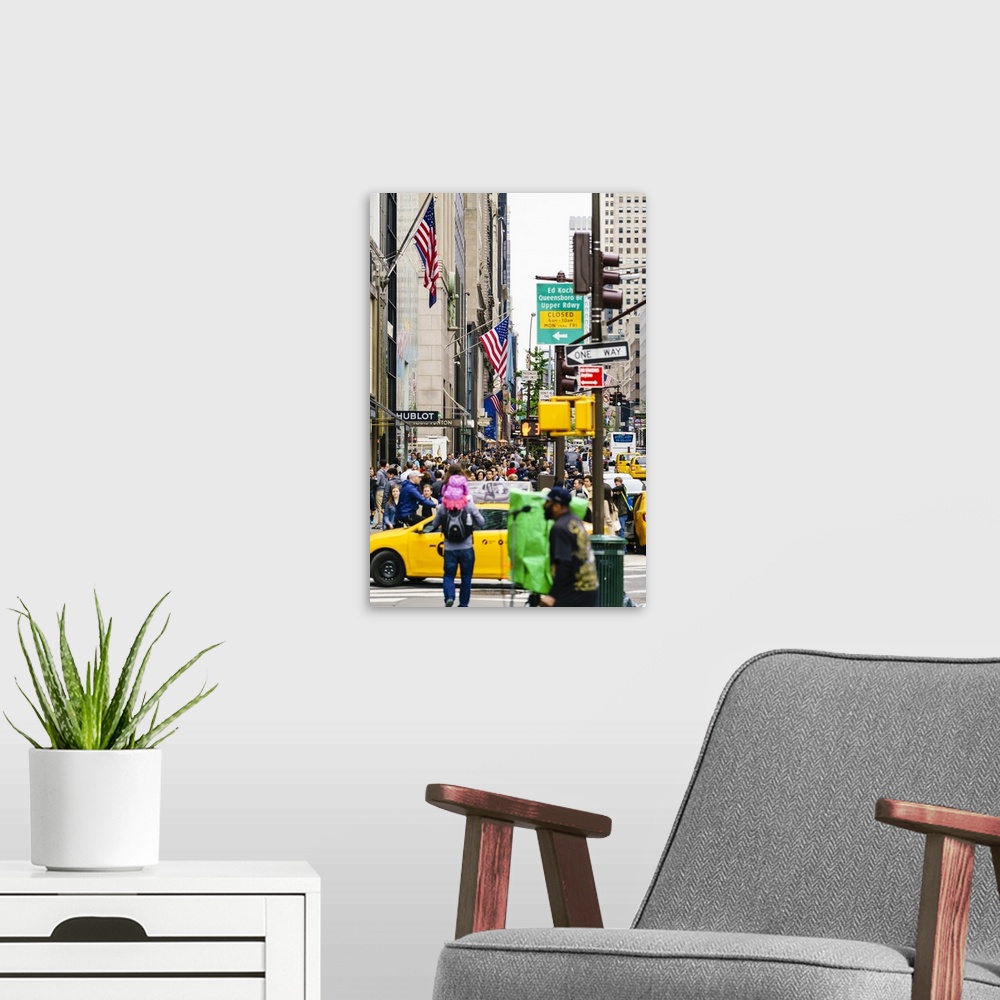 A modern room featuring Crowds of shoppers on 5th Avenue, Manhattan, New York City, United States of America, North America