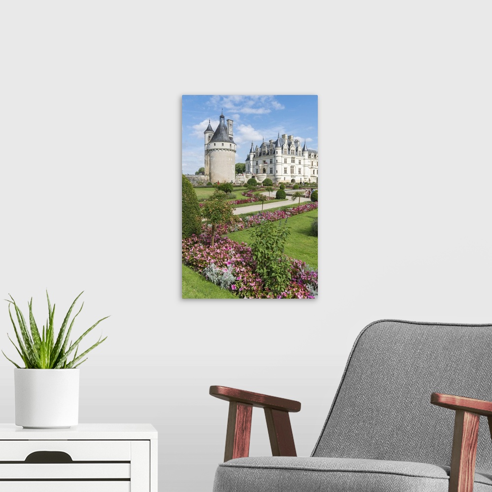 A modern room featuring Summer flowers in the park of Chenonceau castle, Chenonceaux, Indre-et-Loire, Centre, France