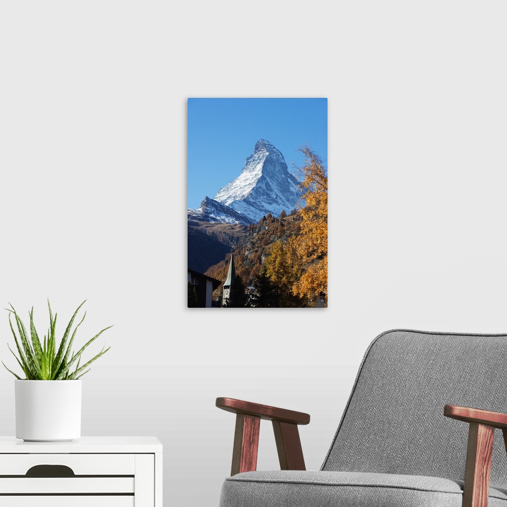A modern room featuring The Matterhorn, 4478m, in autumn, Zermatt, Valais, Swiss Alps, Switzerland, Europe