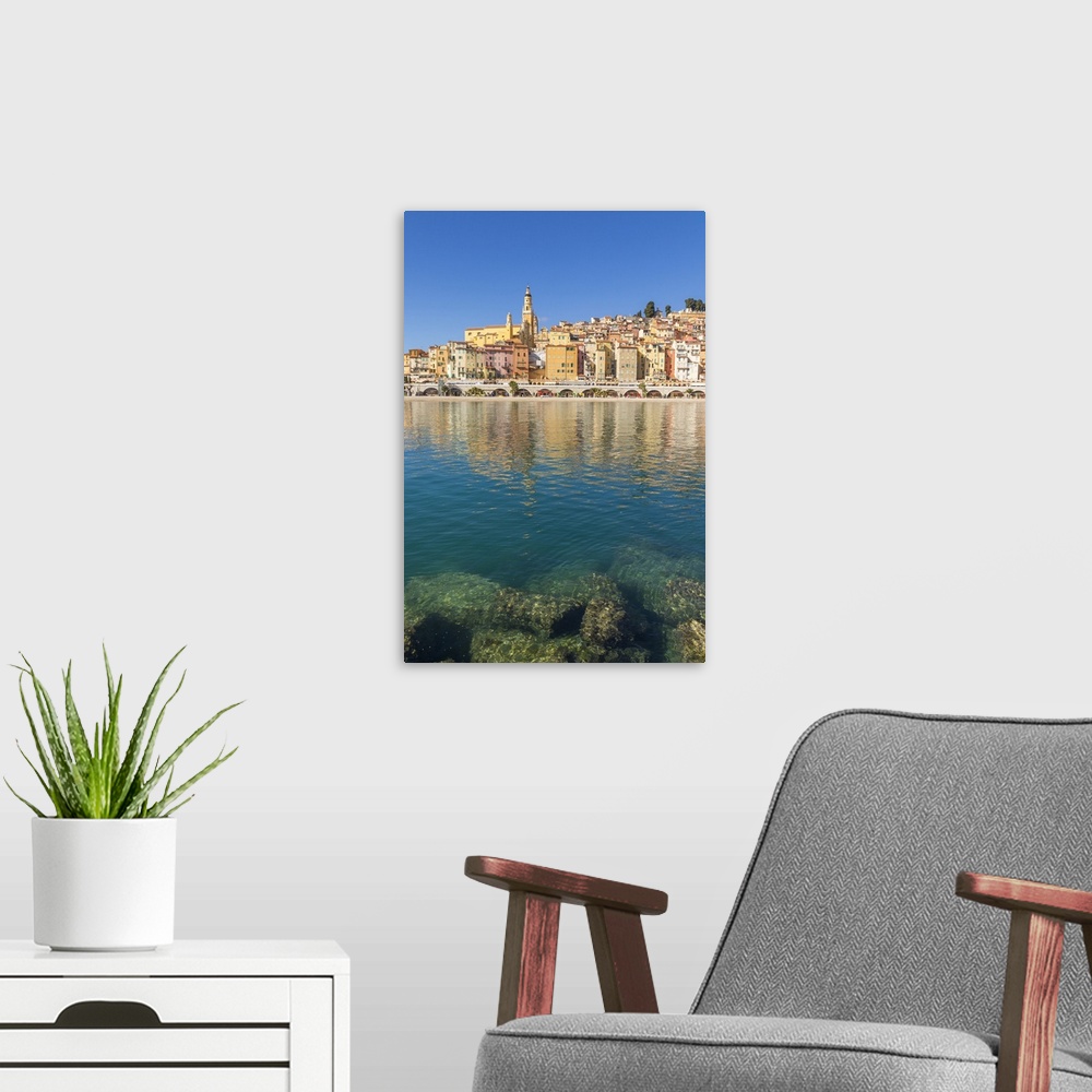 A modern room featuring The old town with the Saint-Michel-Archange Basilica, Menton, Alpes Maritimes, Cote d'Azur, Frenc...