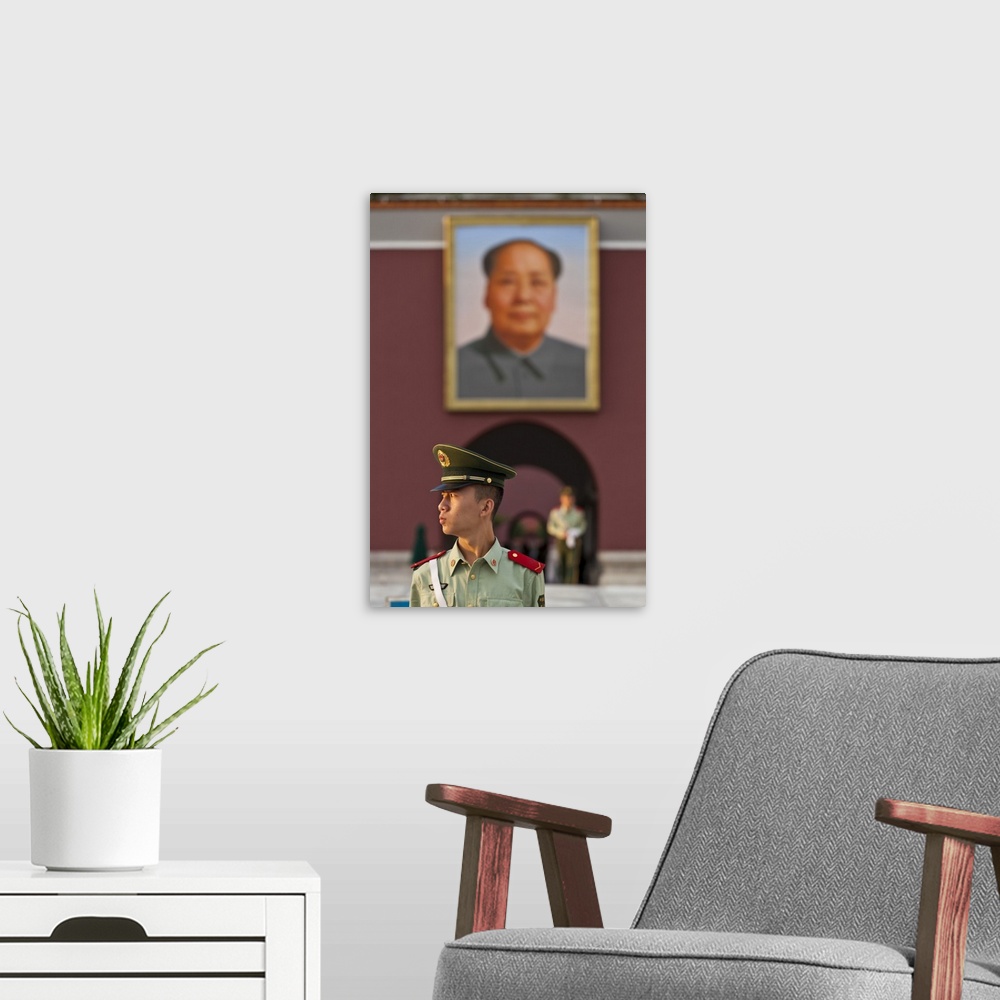 A modern room featuring Soldier outside the Tiananmen Tower and Chairman Mao's portrait, Gate of Heavenly Peace, Beijing,...