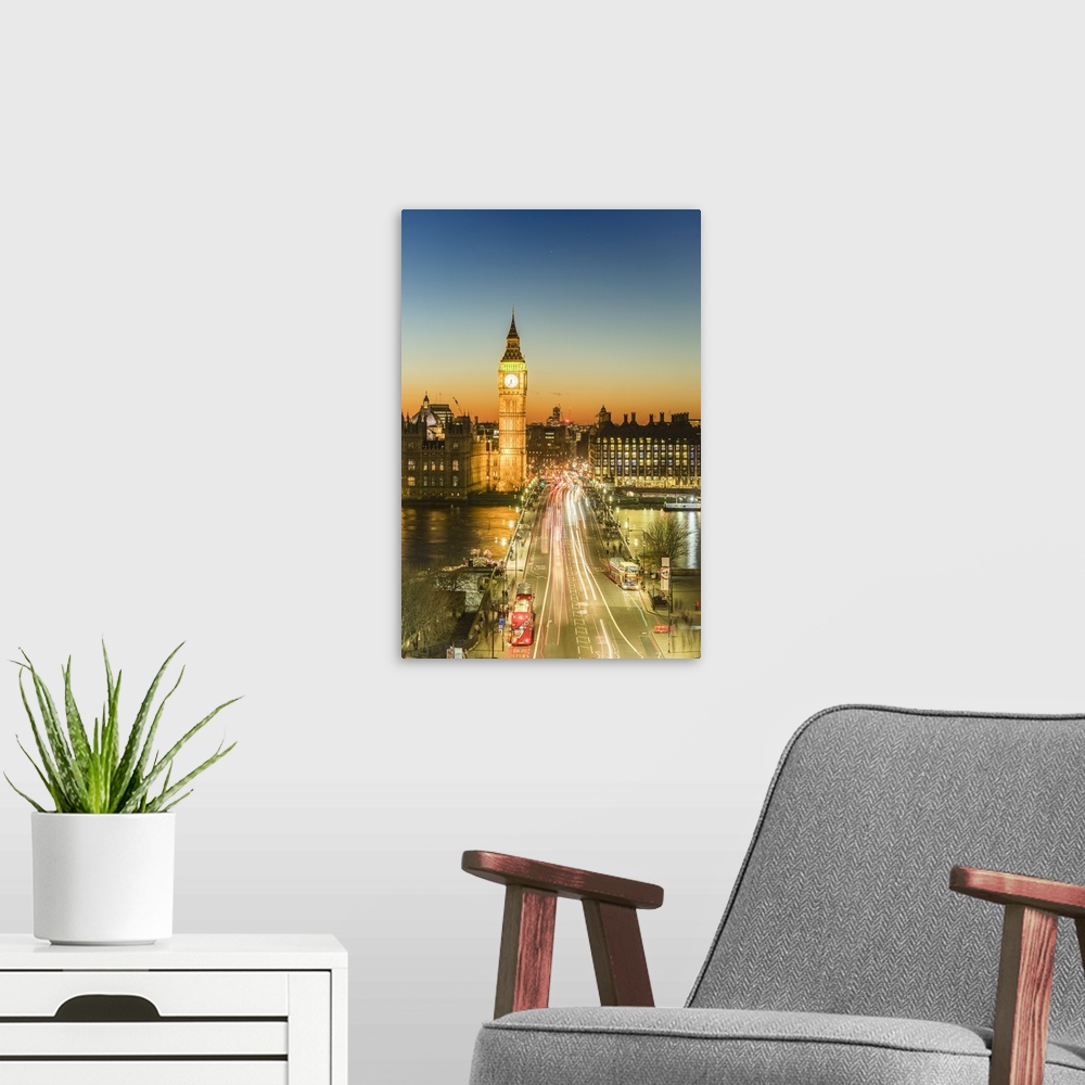 A modern room featuring High angle view of Big Ben, the Palace of Westminster and Westminster Bridge at dusk, London, Eng...