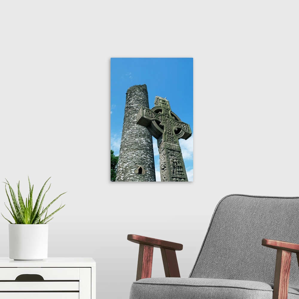 A modern room featuring West High Cross and 10th century tower, Monasterboice, County Louth, Leinster, Ireland