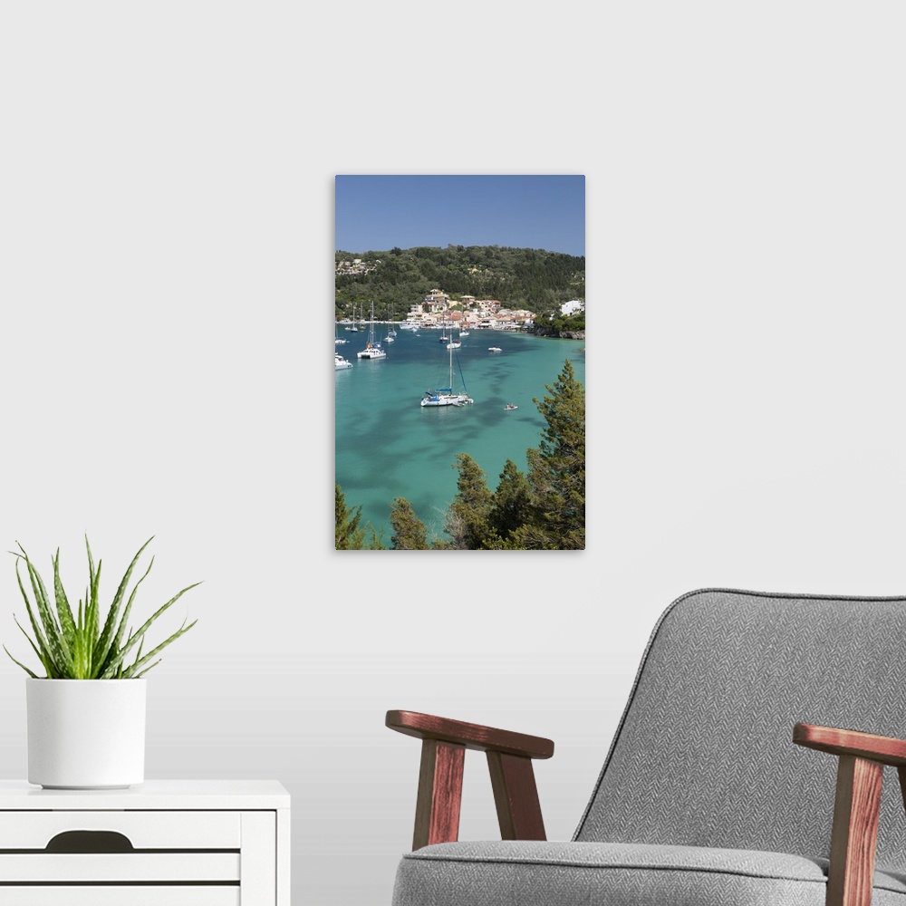 A modern room featuring Yachts anchored in bay, Lakka, Paxos, Ionian Islands, Greek Islands, Greece, Europe