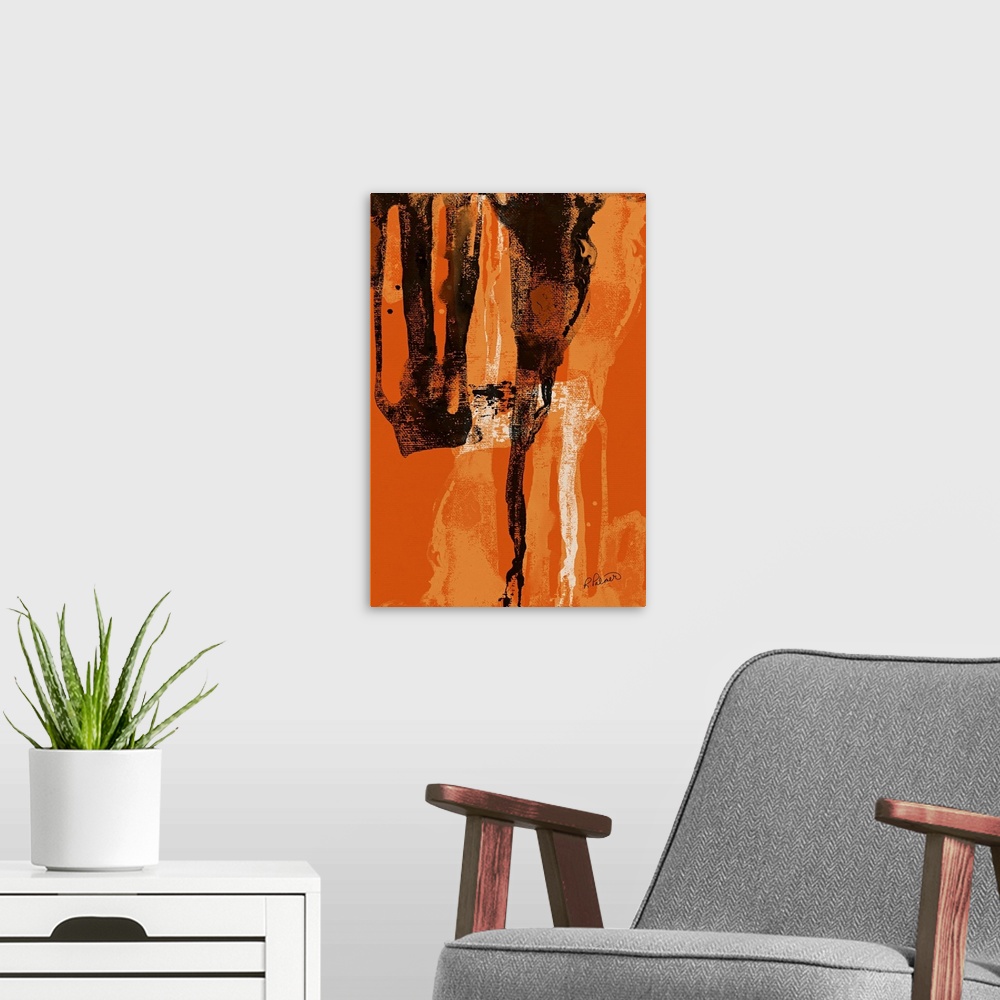 A modern room featuring Abstract painting with a bright orange background and black, white, and lighter orange brushstrok...