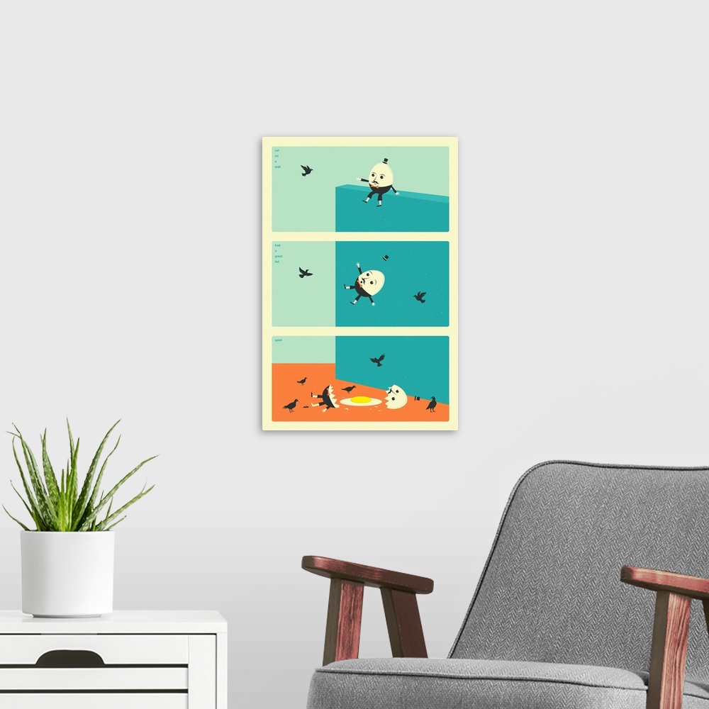 A modern room featuring Retro style illustration of Humpty Dumpty's fall split into three stages and sections, with small...