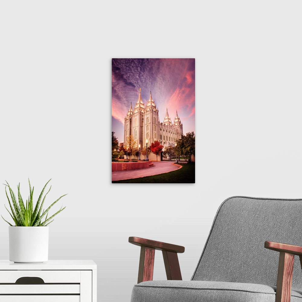Salt Lake Temple, Pink Sunrise, Salt Lake City, Utah | Large Floating Frame Canvas Wall Art | Great Big Canvas