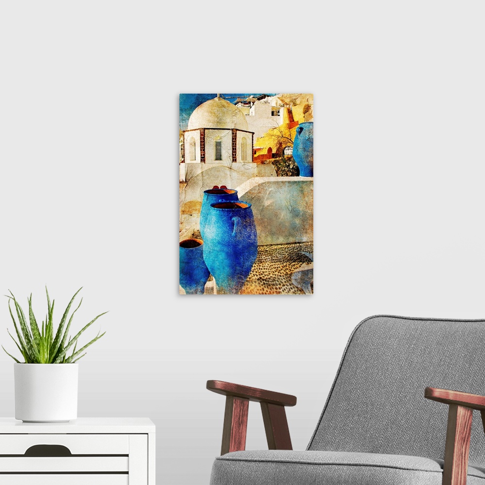 A modern room featuring amazing Santorini - artwork in painting style