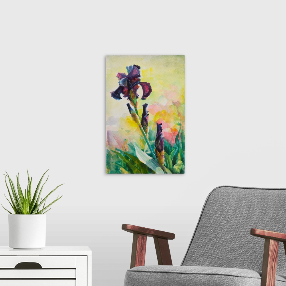 A modern room featuring Traditional impressionist watercolor painting of a blooming purple beaded iris in a spring countr...