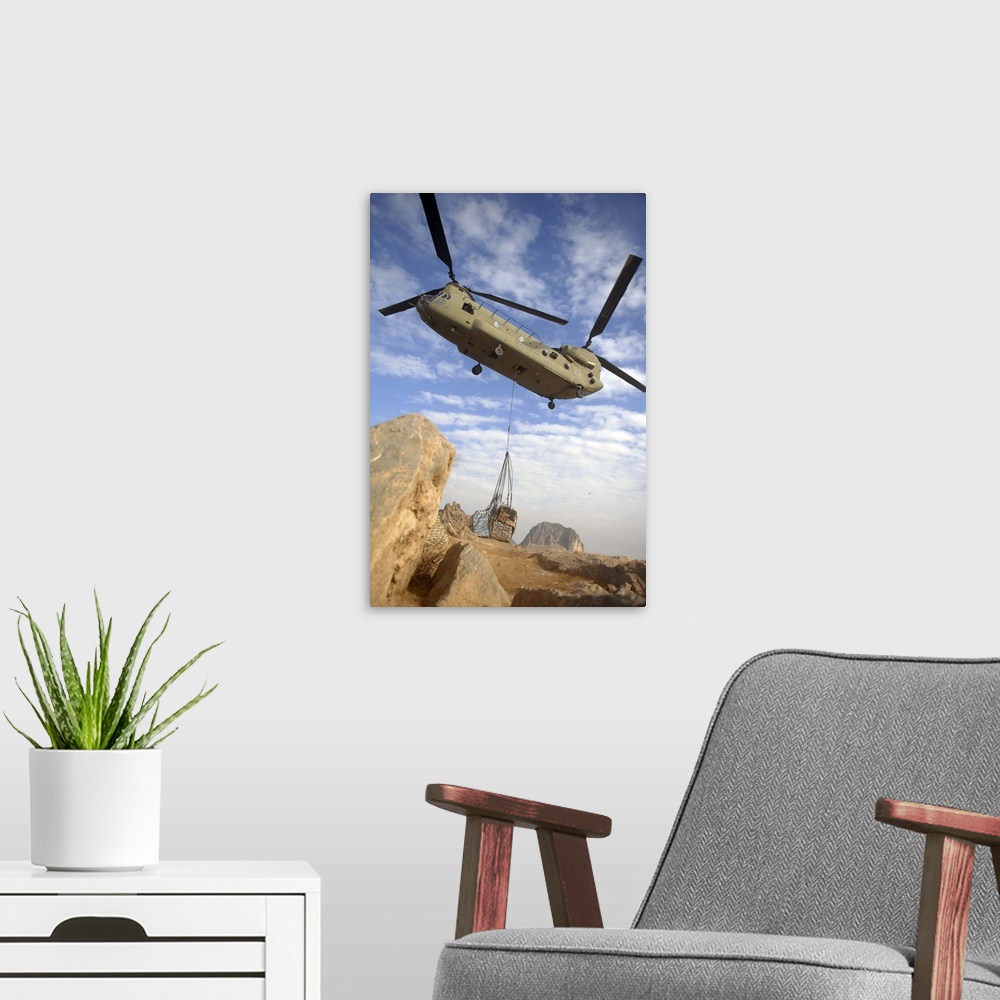 A modern room featuring A U.S. Army CH-47 Chinook helicopter