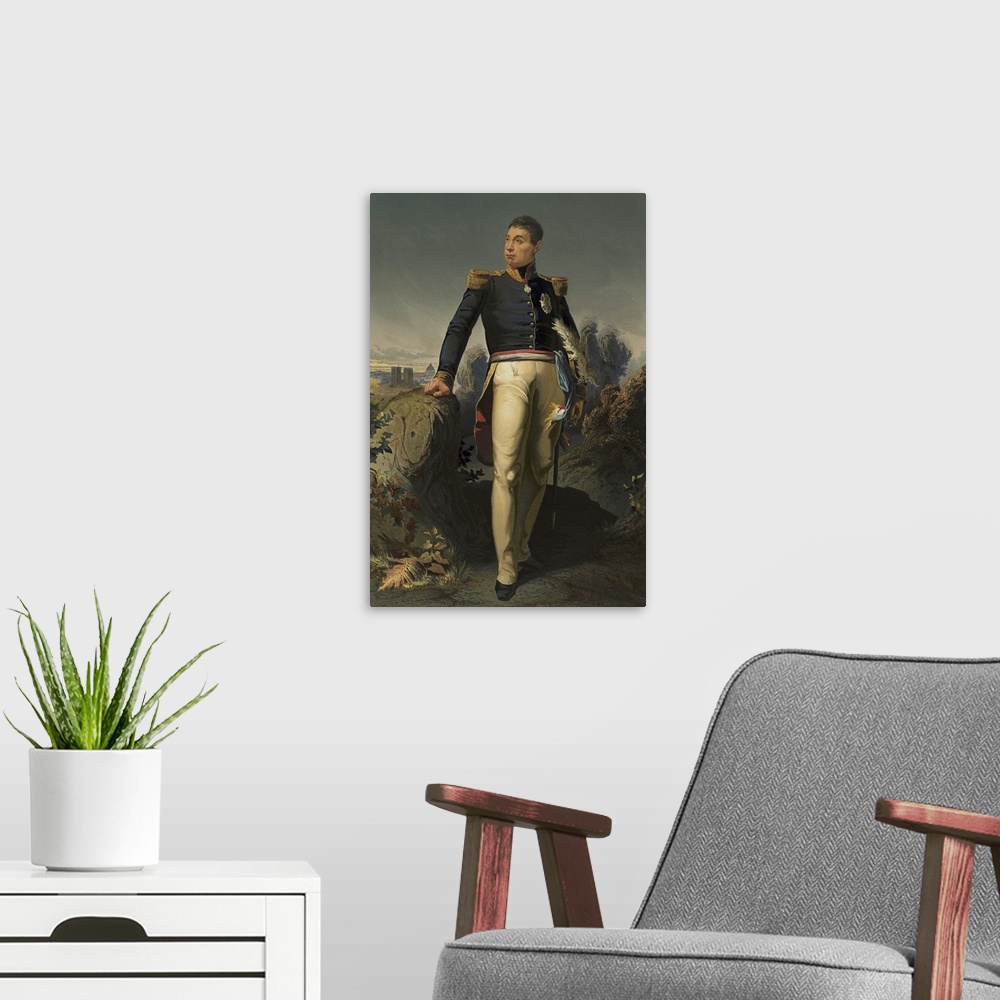 A modern room featuring American history lithograph shows the French aristocrat Marquis de Lafayette.