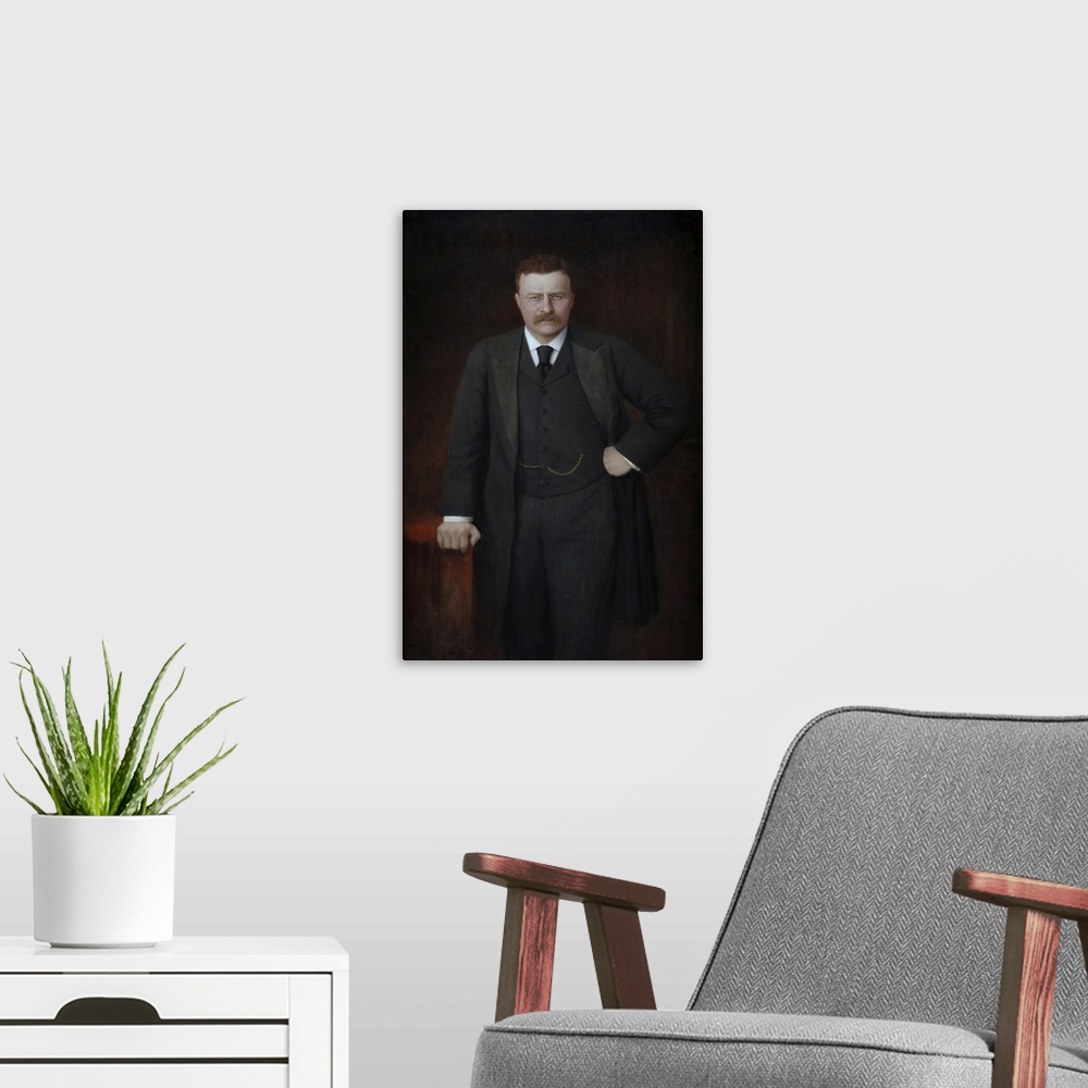 A modern room featuring American History Painting of Theodore Roosevelt during his term as Governor of New York.