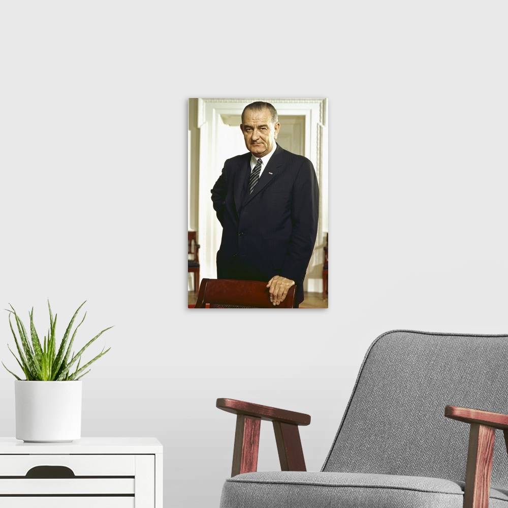 A modern room featuring American history photograph of President Lyndon Johnson at The White House.