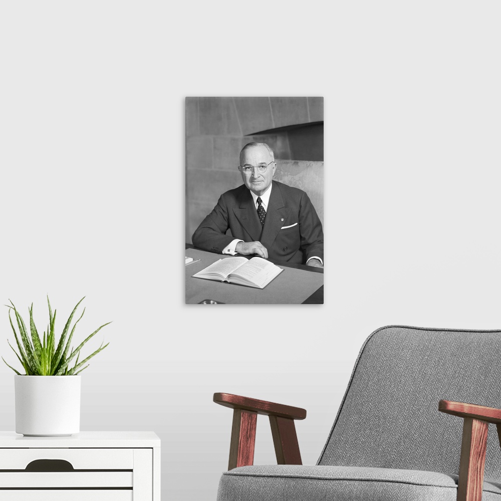 A modern room featuring American history portrait featuring Harry S. Truman.