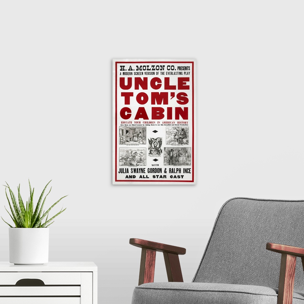 A modern room featuring American history poster depicts a promotion to a film adaptation of Uncle Tomos Cabin.