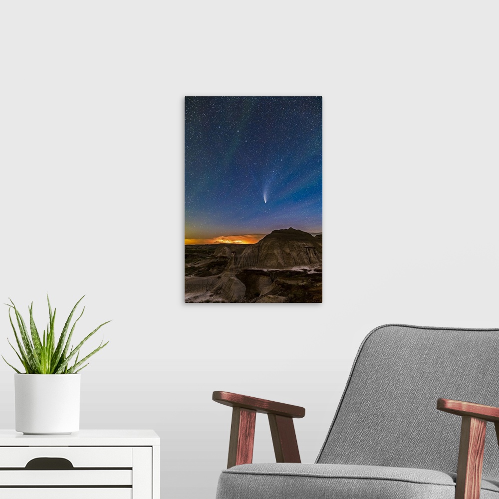 A modern room featuring Comet NEOWISE (C/2020 F3) over the badlands formations at Dinosaur Provincial Park, Alberta, Cana...
