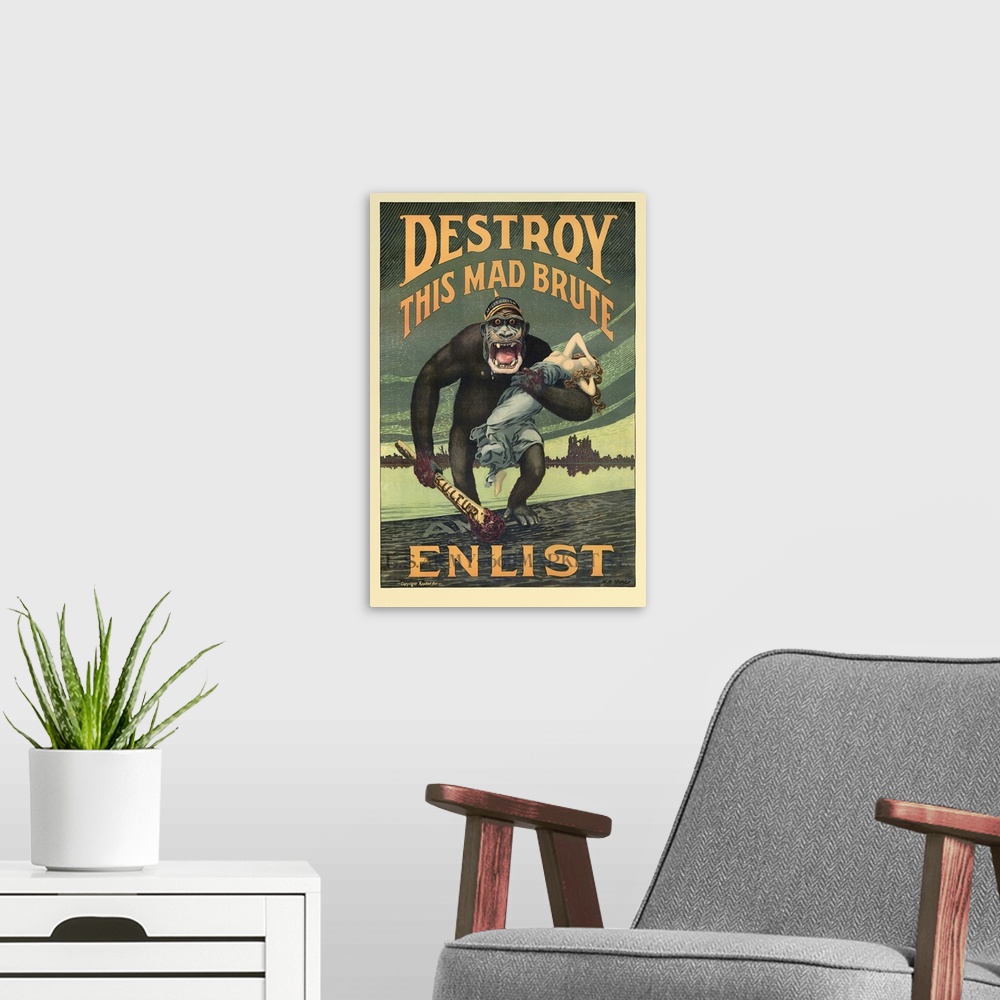 A modern room featuring Vintage World War I recruiting poster featuring a giant gorilla wearing a helmet labeled Militari...