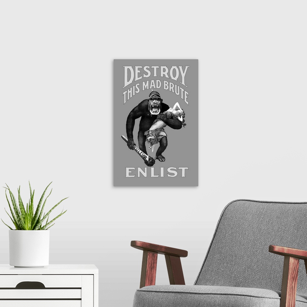 A modern room featuring Destroy This Mad Brute propaganda poster.
