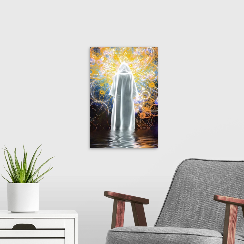 A modern room featuring Figure in bright white cloak stands on water.