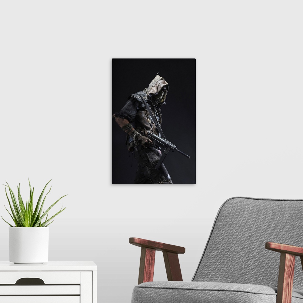 A modern room featuring Grimy post apocalypse survivor with homemade weapons.
