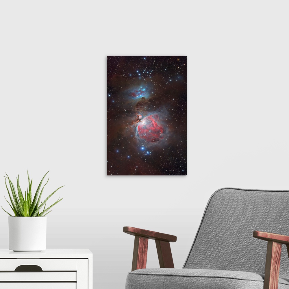 A modern room featuring Messier 42, The Great Nebula in Orion and NGC 1977, The Running Man Nebula.