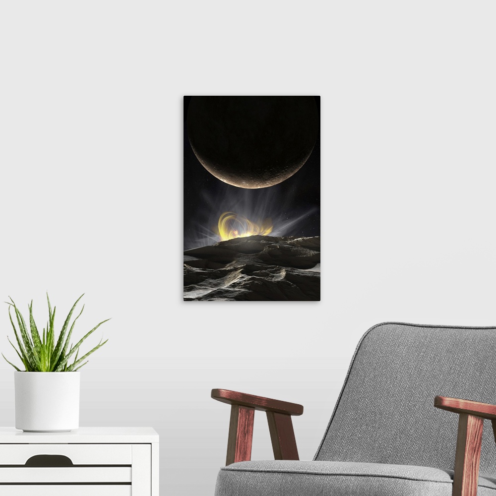 A modern room featuring One of the Inner Solar System asteroids makes a close pass by Mercury.