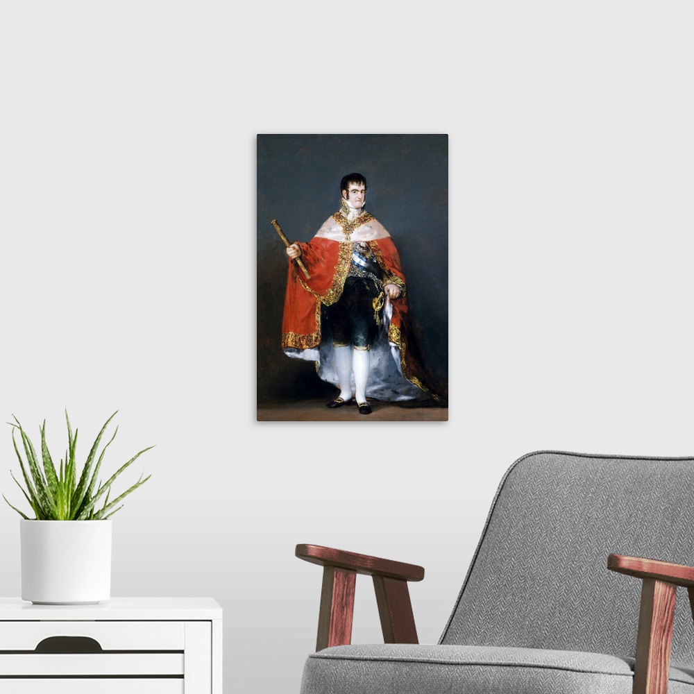 A modern room featuring Portrait of Ferdinand VII of Spain wearing his royal court attire.