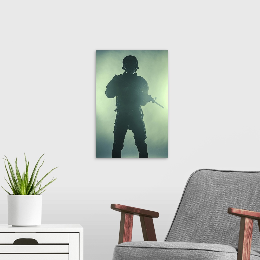 A modern room featuring Studio shot of SWAT police special forces, green background.