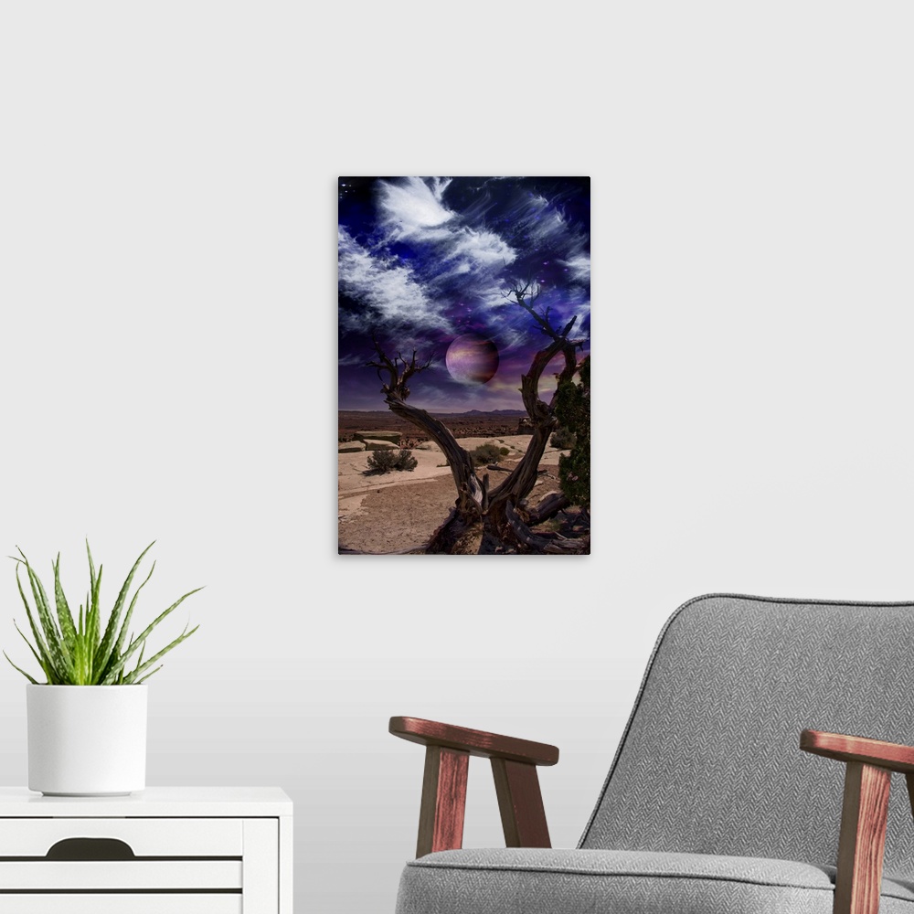 A modern room featuring Surreal landscape. Desert tree and giant moon in the sky.