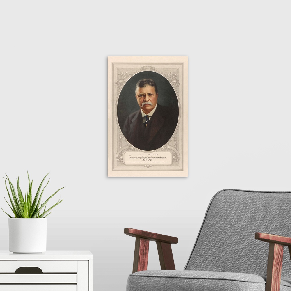 A modern room featuring Vintage American History print of President Theodore Roosevelt.