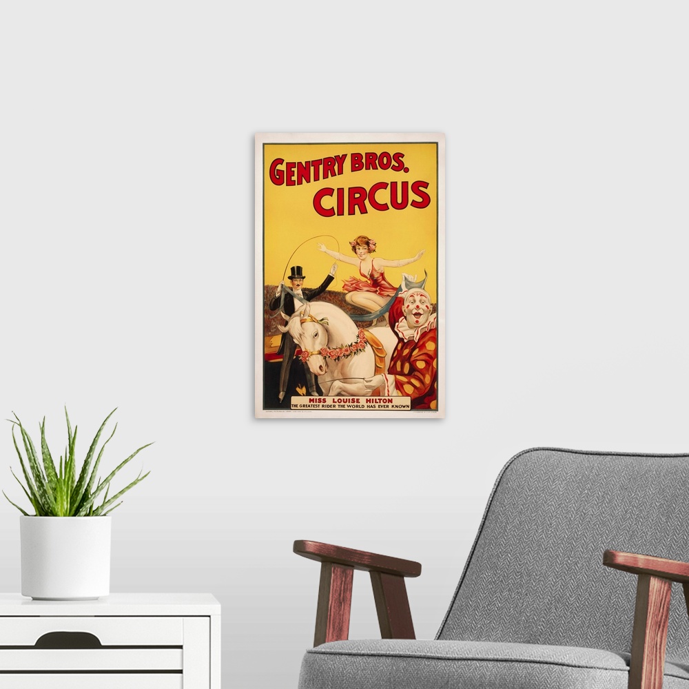 A modern room featuring Vintage Gentry Bros. Circus poster.