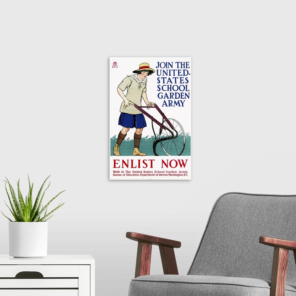 A modern room featuring 20th century U.S. military history print of a school girl operating the plow, along with the capt...
