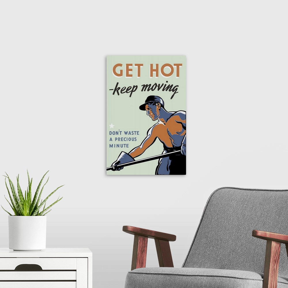 A modern room featuring Vintage propaganda poster featuring a worker shoveling coal.