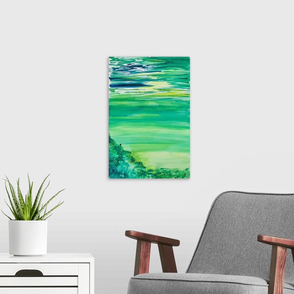 A modern room featuring A contemporary abstract painting with blue, green, and yellow hues.